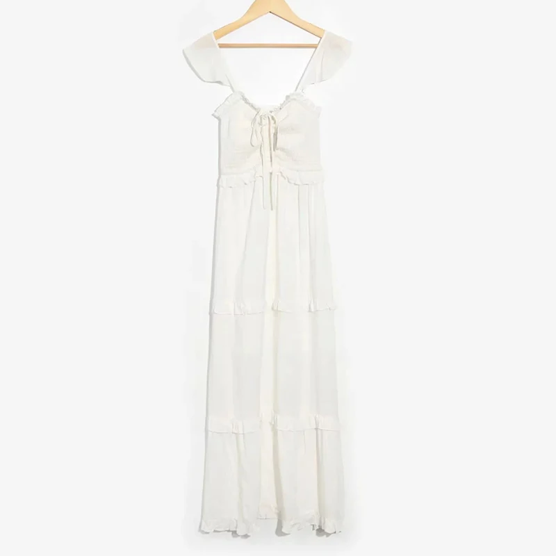 Long White Boho Cotton Day Dress Summer Women Elegant Beach Party Maxi Ruffle Sexy Backless Clothes Female | Женская одежда