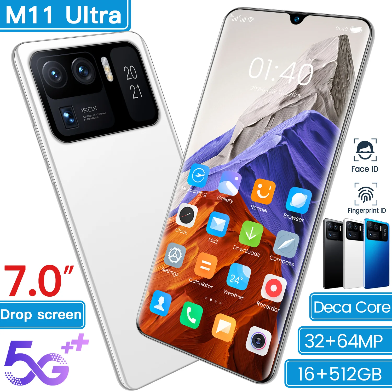

High Quality M11 Ultra 5G Global Version Mobile Phone Snapdragon 888 32MP 64MP Camera 16GB 512GB 7.0 Inch Screen Face ID 7200mAh