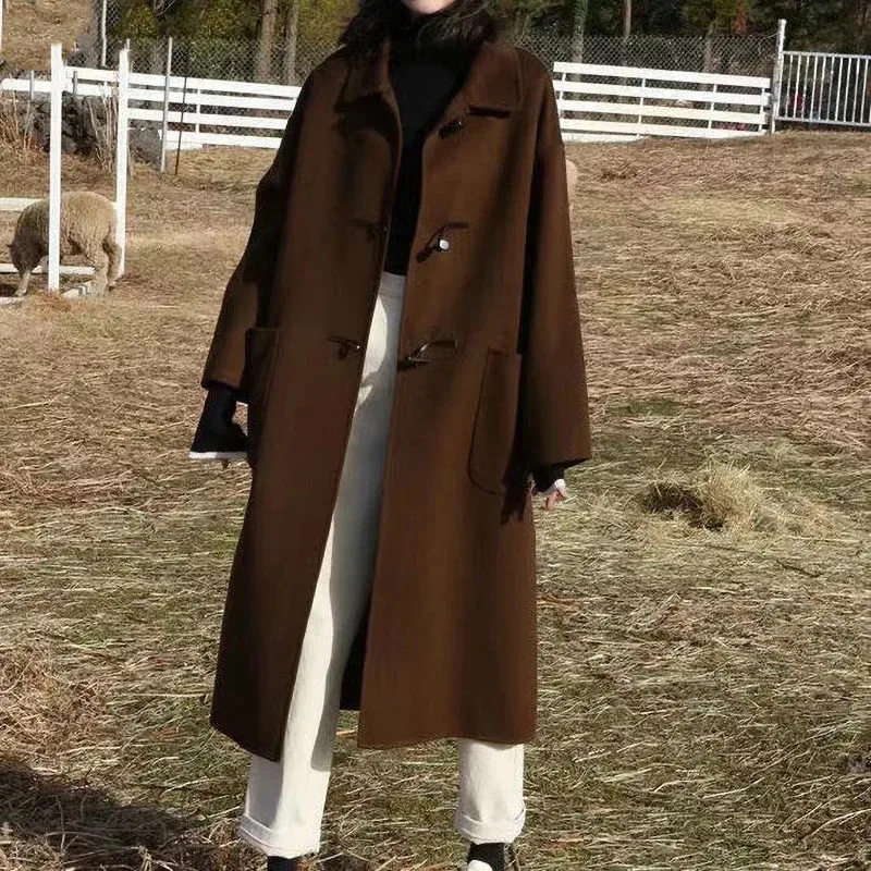 

Женское длинное Однотонное шерстяное теплое зимнее пальто в Корейском стиле, длинное пальто, модная плотная Женская ветровка в стиле ретро