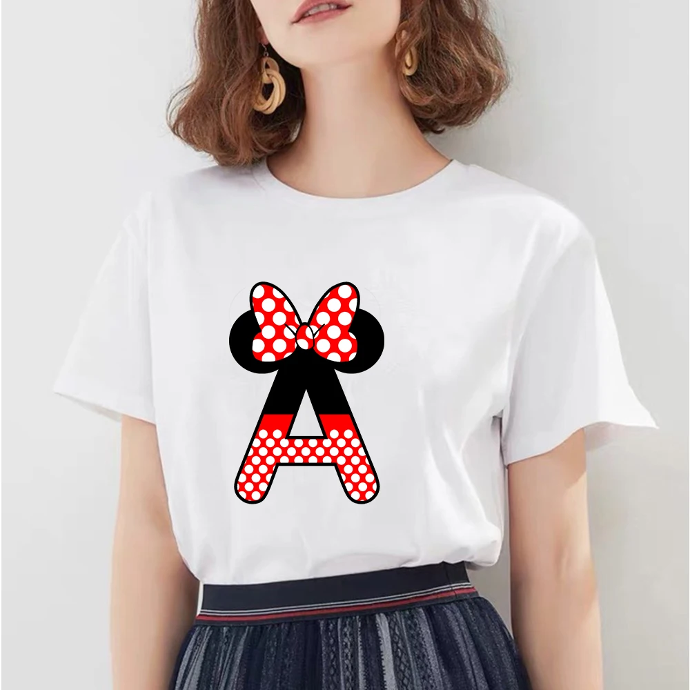 

2021 Name Letter Combination Women's High Quality Print T-shirt Disney Minnie Mouse Font A B C D E F G Kawaii Short Sleeve Tshir