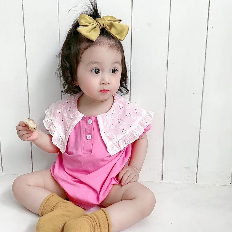 

2021 Новый однотонный комбинезон с коротким рукавом для новорожденных девочек детский комбинезон одежда для малышей с воротником в виде лист...