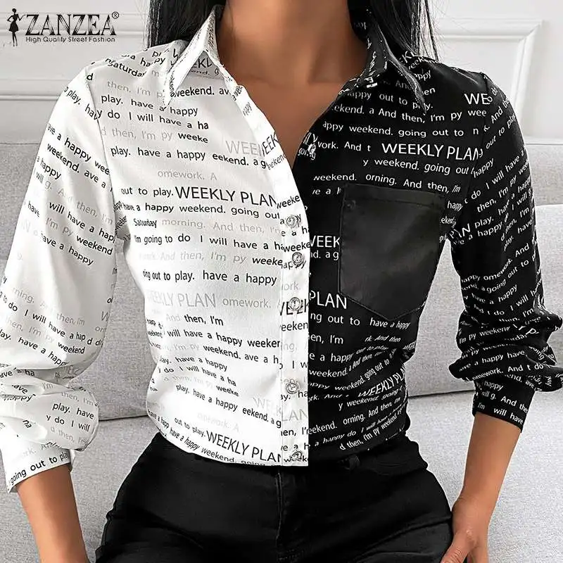 

ZANZEA Women Elegant Lapel Collar Office Baggy Tops Vintage Button Blusa Autumn long Sleeve Shirts Stylish Letter Printed Blouse