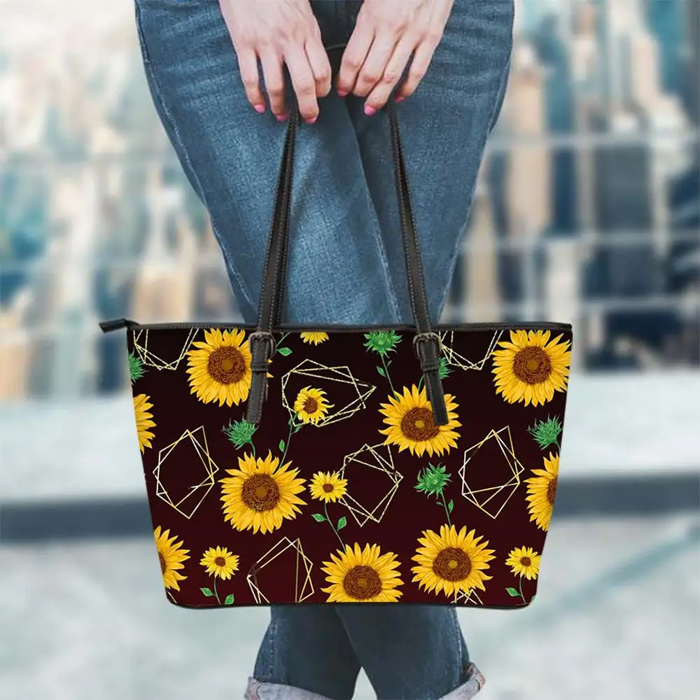 

Customzied Fashion Floral Style Pu Leather Tote Women Handbags Sunflower Printing Ladies Casual Large Beach Shopper Bags Bolsas