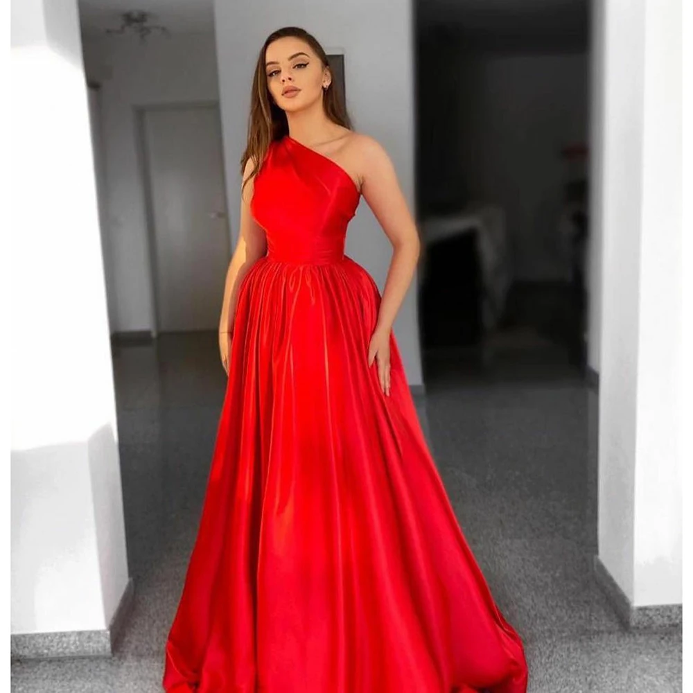 

Chic Red Princess Satin Prom Dress One Shoulder Sleeveless Zipper Back Evening Gowns Customized Saudi Arabia Party Dresses