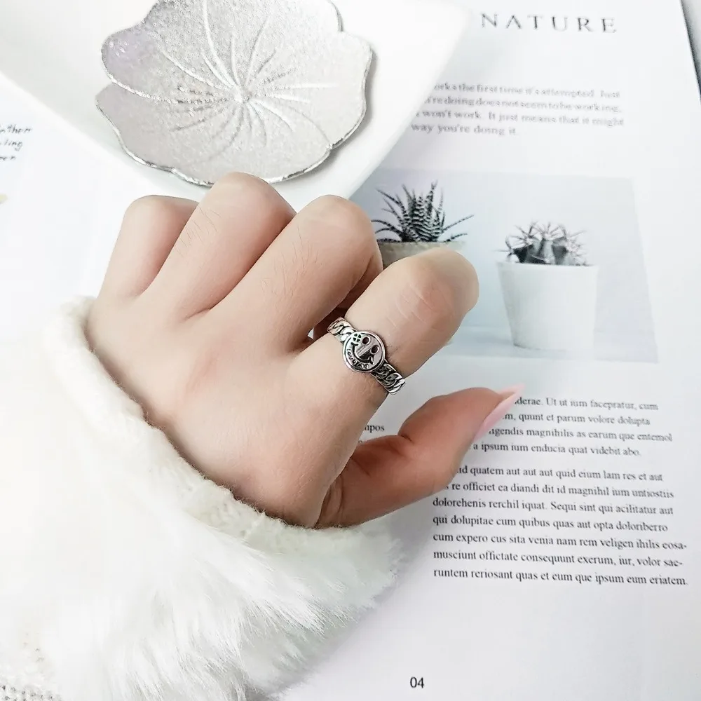 SHANICE, 925 пробы, серебряное, Открытое кольцо, для женщин, леди, панк, Винтаж, старый тайский, серебряная, для девушек, цепочка, улыбка, личность, хорошее ювелирное изделие, Anillos