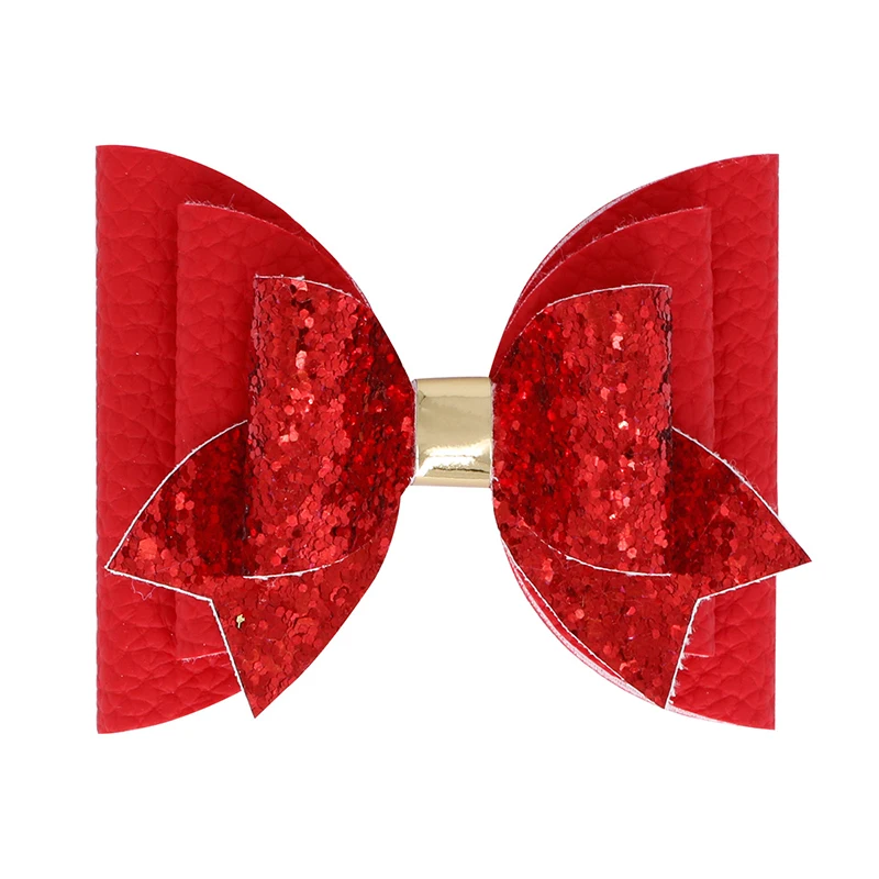 9pcs/set Leather Glitter Kids Hair Bows Clips for Girls Hairpins Barrettes Three Layers Dovetail Bow Headwear Accessories |