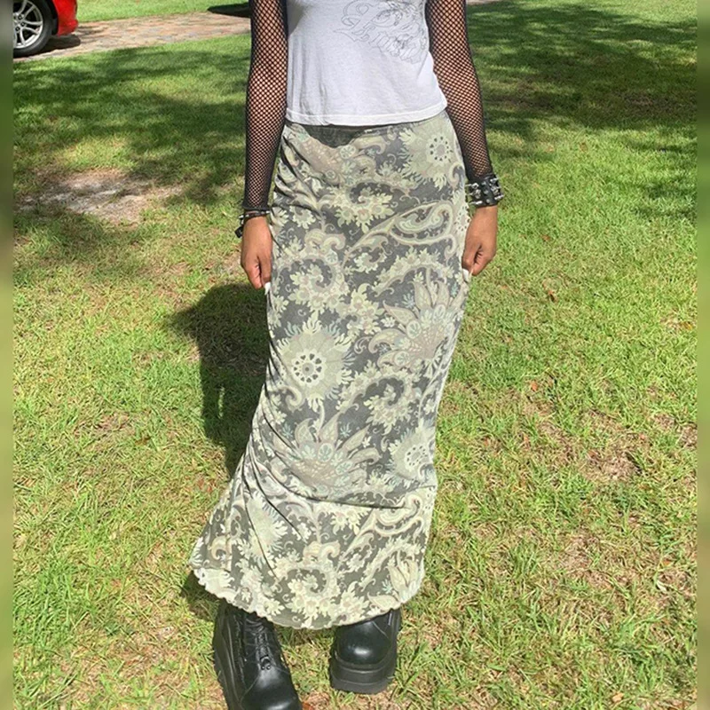 

Printed Green Straight Long Skirt Women Y2K Alternative 2000S Aesthetic Midi Skirt Kawaii Vintage Cute Streetwear Casual Skirt