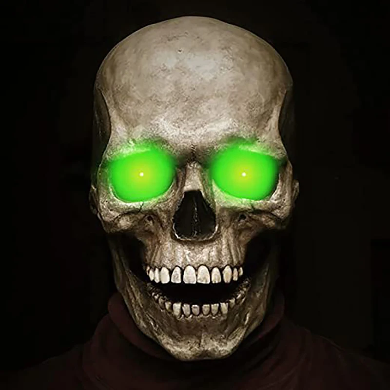 

Realistic Full Head Skull Mask Glow Eyes Movable Jaw Halloween Party Tricky Prank Helmet Props Glow Horror Skeleton Latex Mask