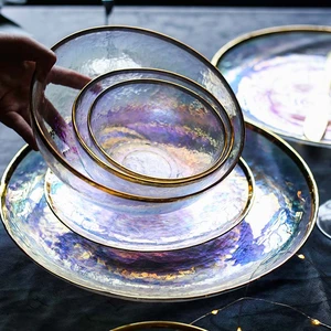 Colorful Gold-painted Glass Bowl Plate Colorful Transparent Hammered Glass Plate Salad Bowl Fruit Noodle Bowl  Dessert Bowl