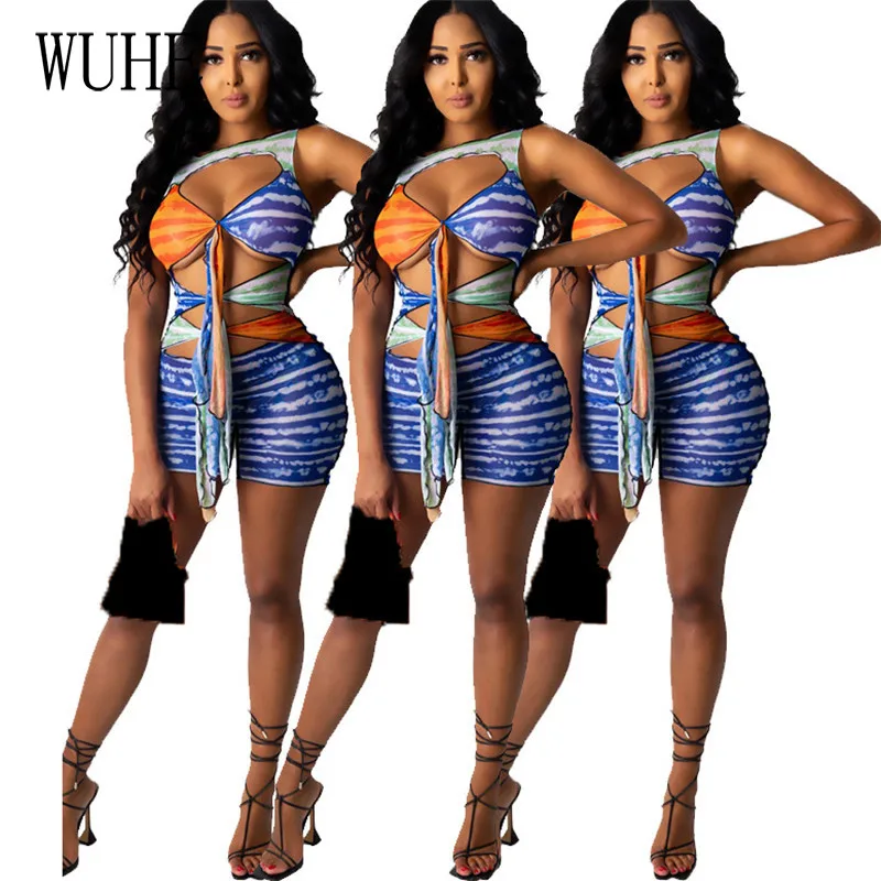 

Контрастные пикантные комбинезоны WUHE с принтом, бандажные облегающие вечерние комбинезоны с открытыми плечами и круглым вырезом без рукав...