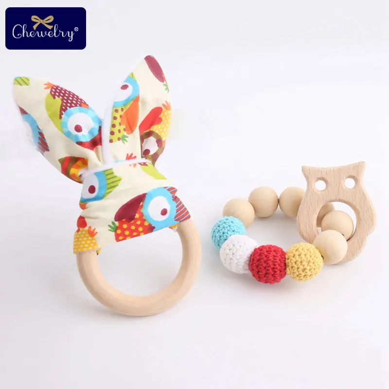 

2pc/set Cotton Bunny Ears Baby Wooden Teether Rings Rodent Crochet Beads Beech Wood Teething Baby Rattle Toys For Children Goods