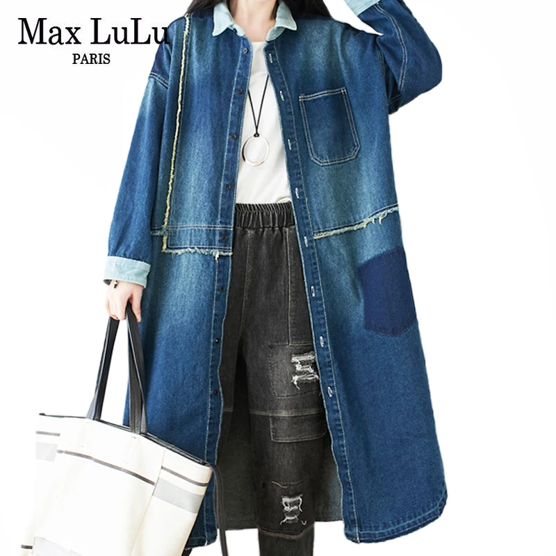 

Модная японская длинная одежда Max LuLu, Женская Повседневная зимняя джинсовая ветровка 2021, Тренч, Женская свободная синяя рваная уличная одеж...