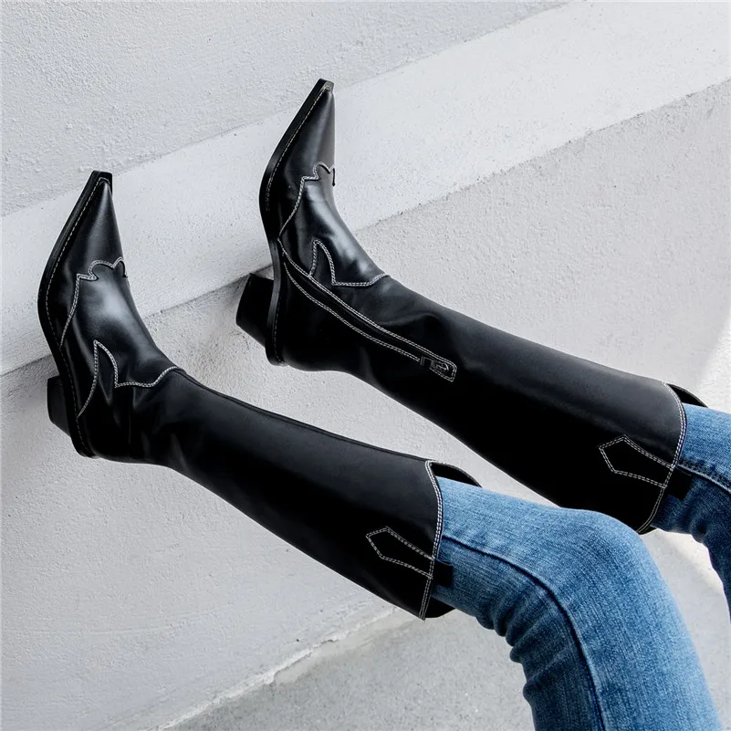 Женские ботинки FEDONAS черные до середины икры с острым носком из натуральной кожи