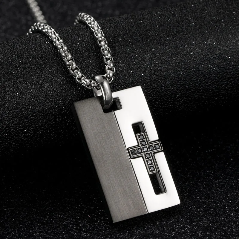 Men Jewelry Stainless Steel Crystal Dog Tag Pendant CZ Zircon Cross Necklaces Best Friend Gifts | Украшения и аксессуары