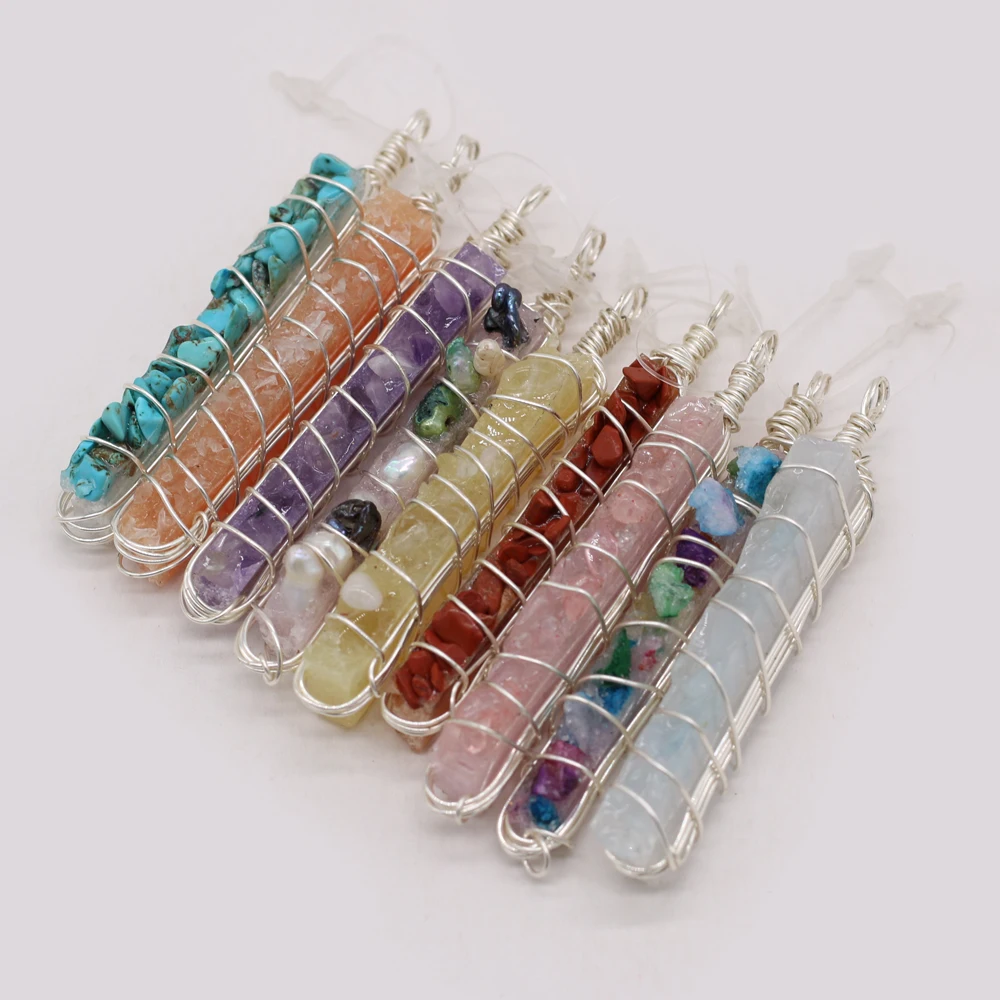 

New Turquoise Rose Quartz Amethyst Pendant Natural Stone Irregular Crystal Buds Winding Silver Wire Charms for Ms Jewelry Making