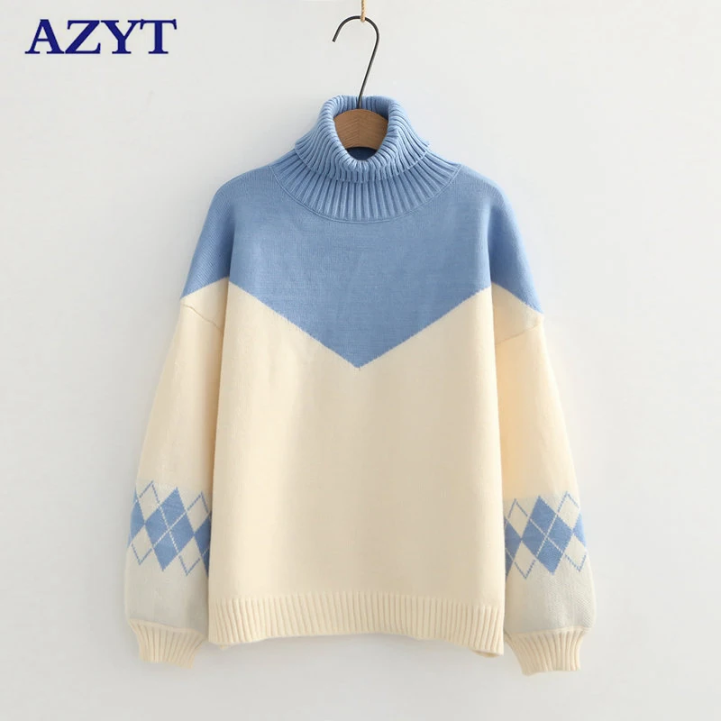 

AZYT Winter Turtleneck Pullover Base Sweater Women 2021 Korean Fashion Panelled Women Jumpers Sweater Loose Knitwear Tops Women