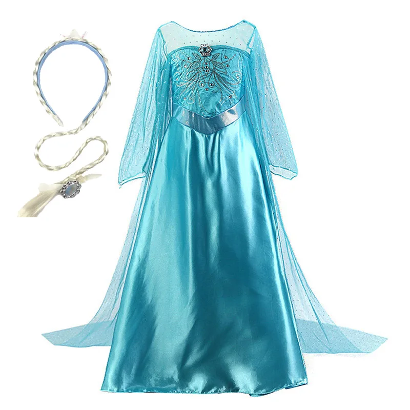 Dress and W02 Комплект для девочек с принтом Эльзы, с изображением принцессы Эльзы детское платье принцессы для детей с украшением в виде кристаллов платье плащ Одежда для детей Снежная королева 2 Рождество День рождения Косплэй костюм - Цвет: Dress and W02