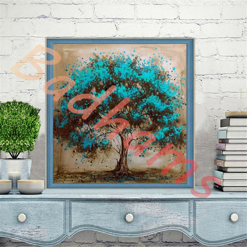 

Алмазная вышивка с цветущими синими и зелеными деревьями, картина 5D «сделай сам», мозаика, вышивка крестиком, украшение для гостиной и дома