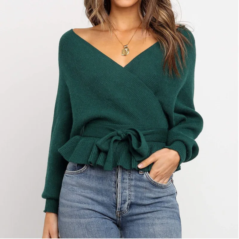 Belt Knit Sweaters Women Invierno 2019 Casual Sexy V-neck Long white Pink Green Fall Woman Pullovers | Женская одежда
