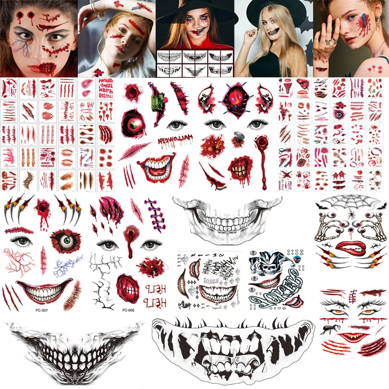 

Terror Halloween Sticker Carnival Party Sticker Body Waterproof Tattoos Temporary Horror Realistic Suture Scars Face Makeup