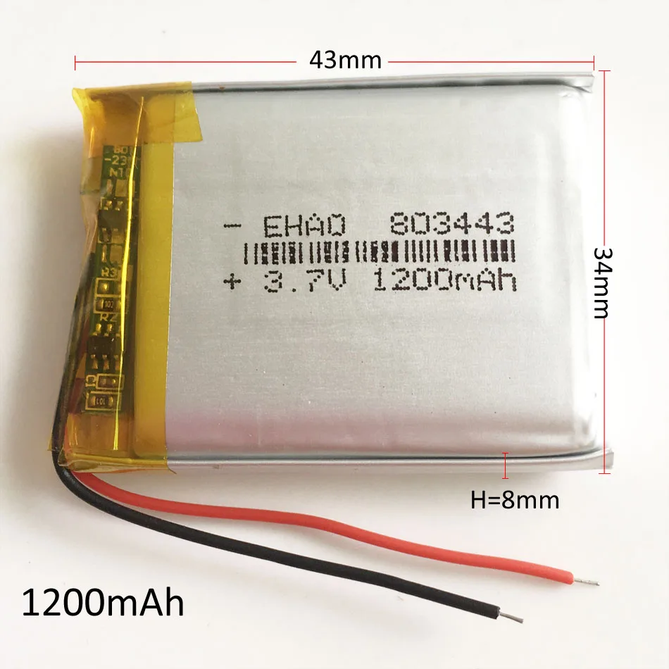

3.7V 1200mAh 803443 lipo polymer lithium rechargeable battery for MP3 GPS navigator DVD recorder headset e-book camera
