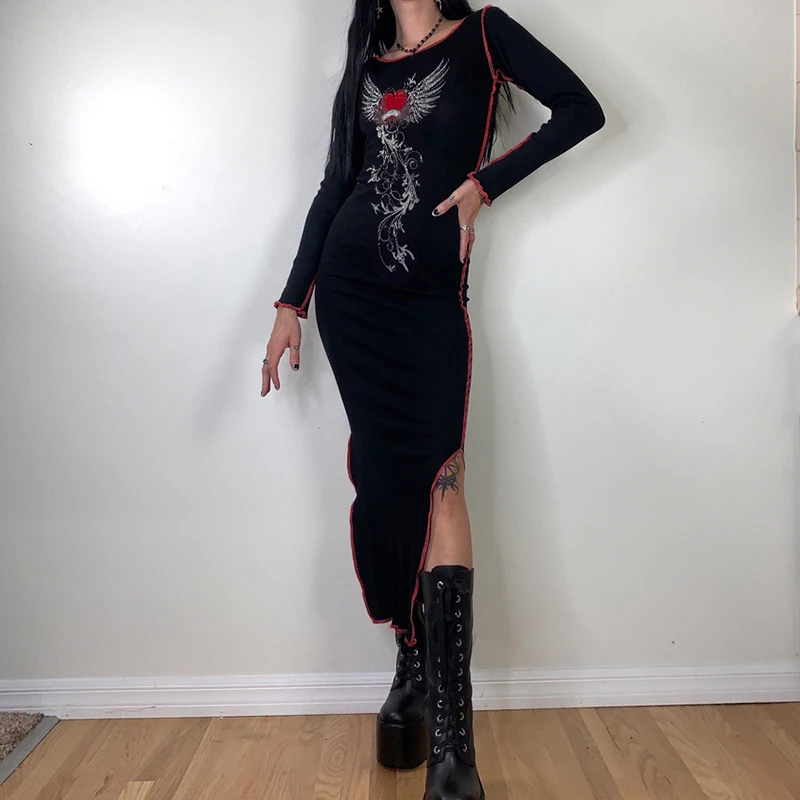 

Vintage Mall Goth Black Long Dress Rhinestone Contrast Split Dress y2k Long Sleeve O Neck Punk Dress Grunge Female Bodycon