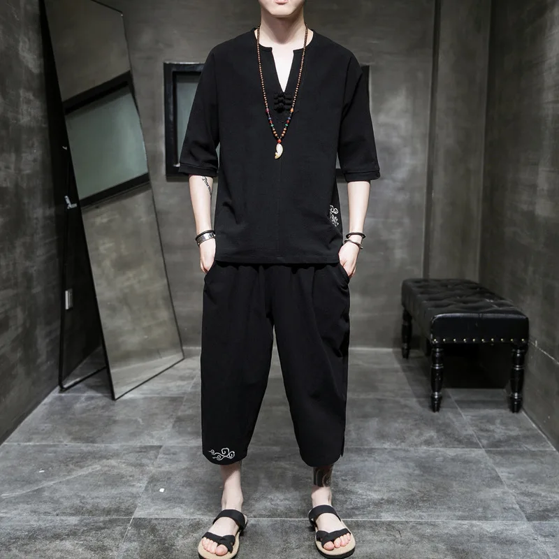 

Cotton hemp suit men's short sleeve summer thin T-shirt Chinese style two piece cotton hemp Capris embroidered suit