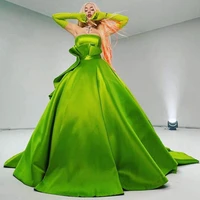 new fashion green satin prom ball gowns pretty strapless ruffles formal party dresses high quality long prom dress with train
