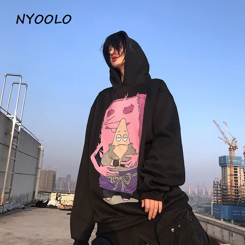 NYOOLO Harajuku street childlike мультфильм печати плюс бархат теплые толстовки Осень Зима Свободный пуловер толстовка с капюшоном для женщин мужчин