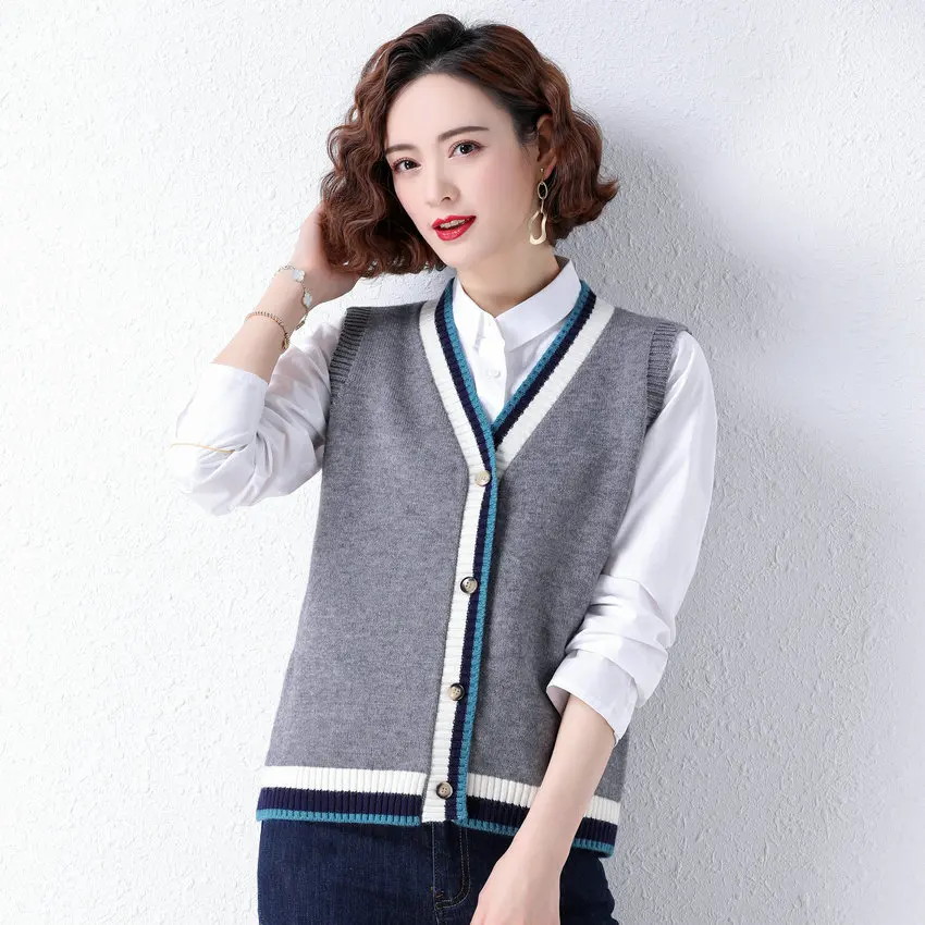 

Korean Style Blue Gray Camel Knitting Vest Women Spring Autumn Sleeveless Woolen Cardigan Sweater V-Neck Waistcoat Knitwear 2021