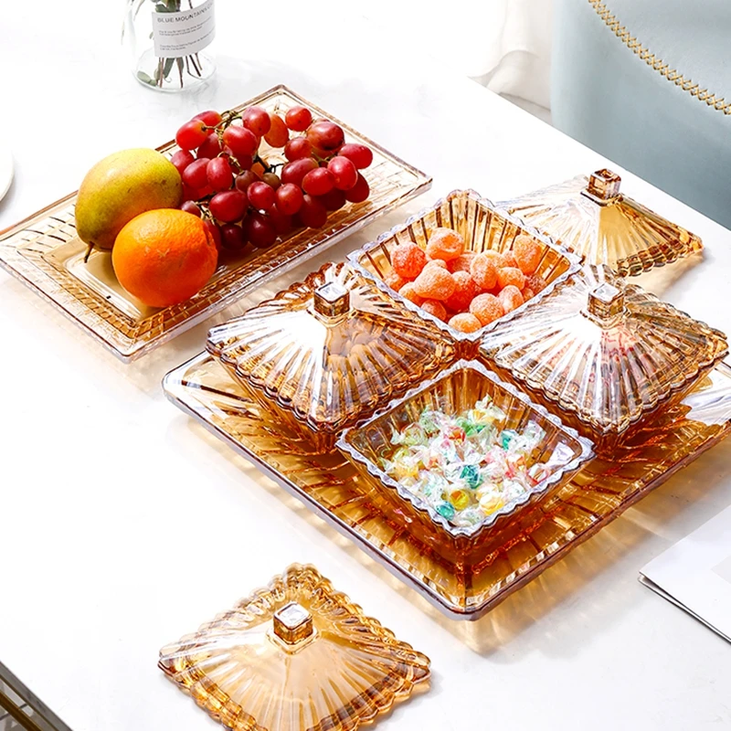 

Nordic Light Luxury Glass Fruit Plate with Lid Living Room Household Snack Plate with Tray Set Dried Fruit Plate 5pcs/3pcs