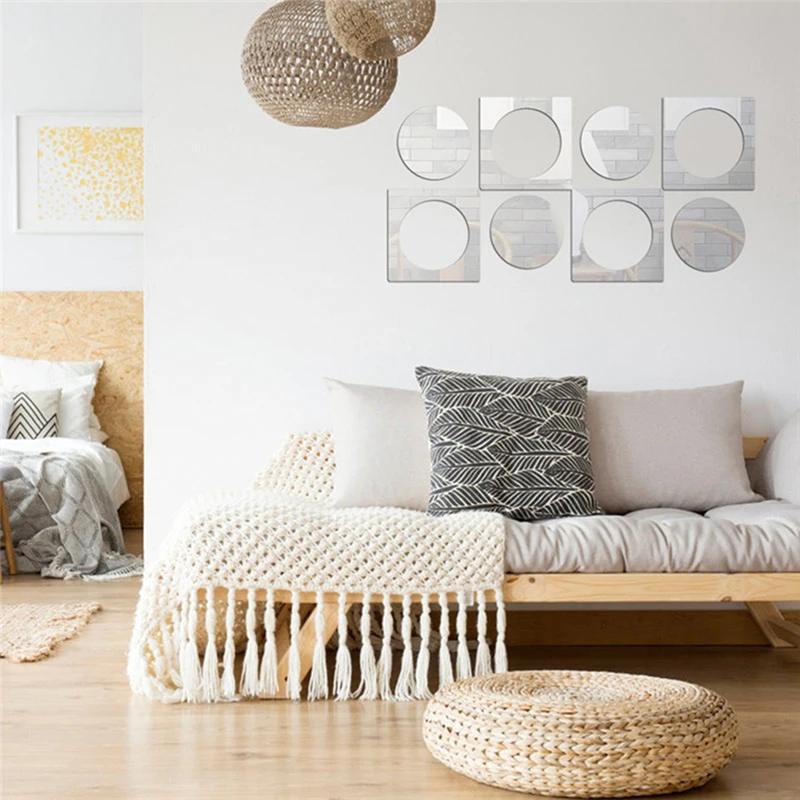 8PCS Removable Silver Square Circle Mirror Wall Stickers for Living Room Background Decor Decals Wallpaper Mural Home | Дом и сад