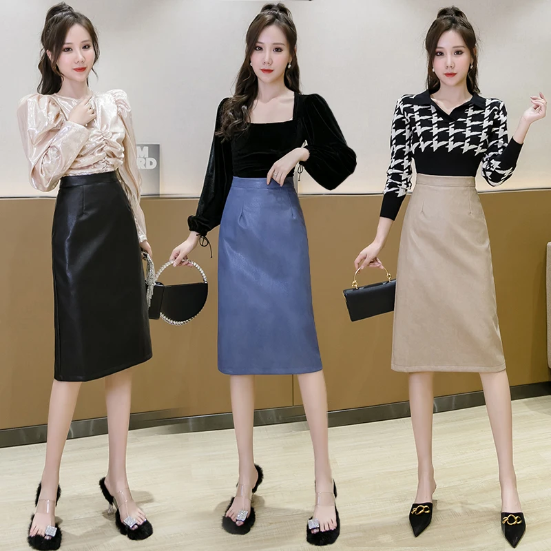 

PU Leather Skirts Autumn Winter Pencil Skirt Girls Midi Solid Back Split Skirt Bottom For Female GT5509