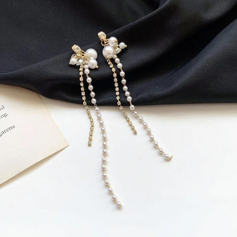 

Pearl tassel long earrings ear accessories fashion Joker two earrings