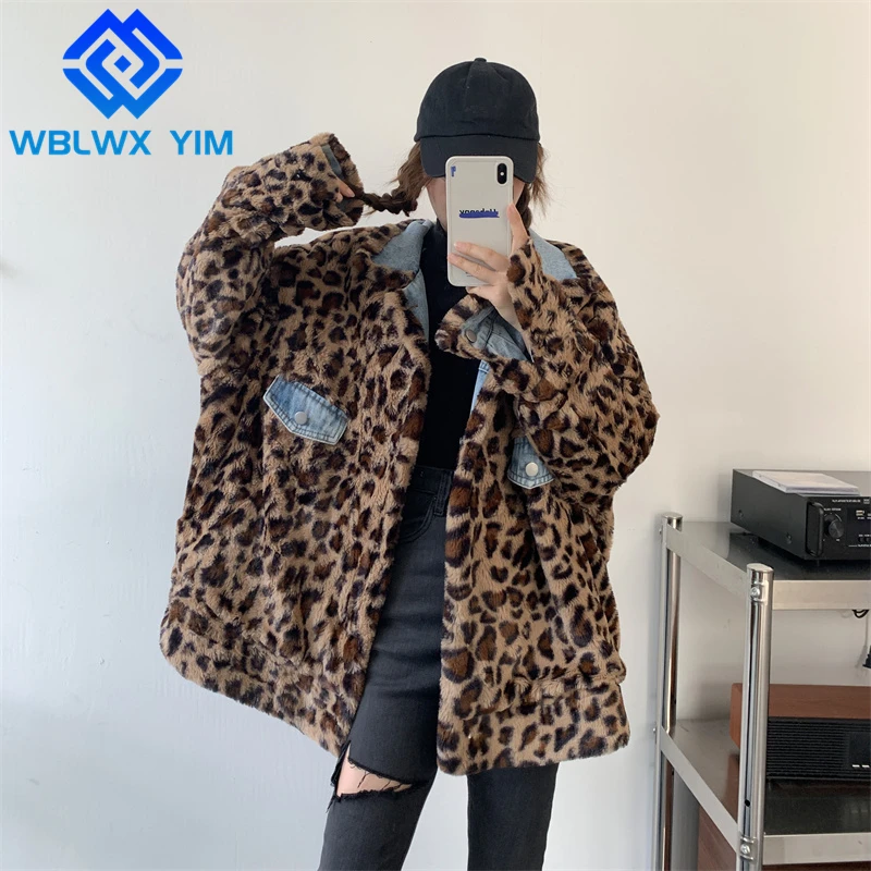 

Джинсовая куртка женская зимняя на молнии, модная двухсторонняя Джинсовка с леопардовым принтом, плотная теплая свободная хлопковая куртк...