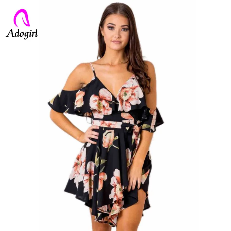 Женское шифоновое платье на бретельках элегантное короткое с цветочным принтом V