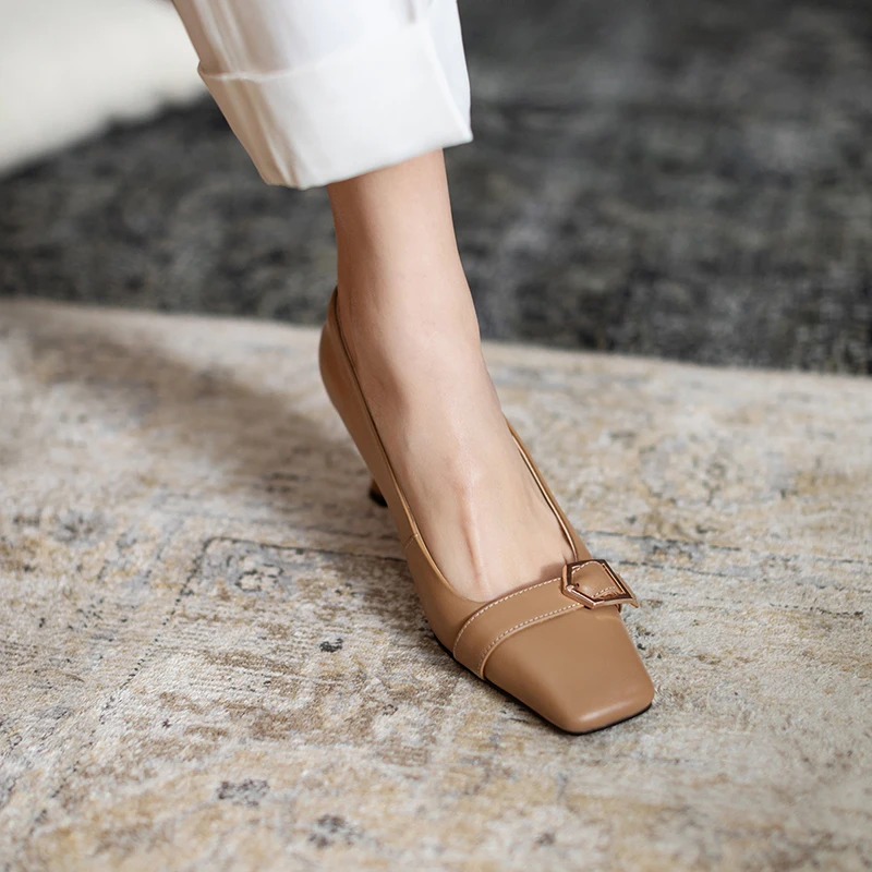 

HOT SALE Women Shoes Natural Leather pumps 22-24.5cm Cowhide Square toe shallow mouth buckle Sheepskin insole heels women