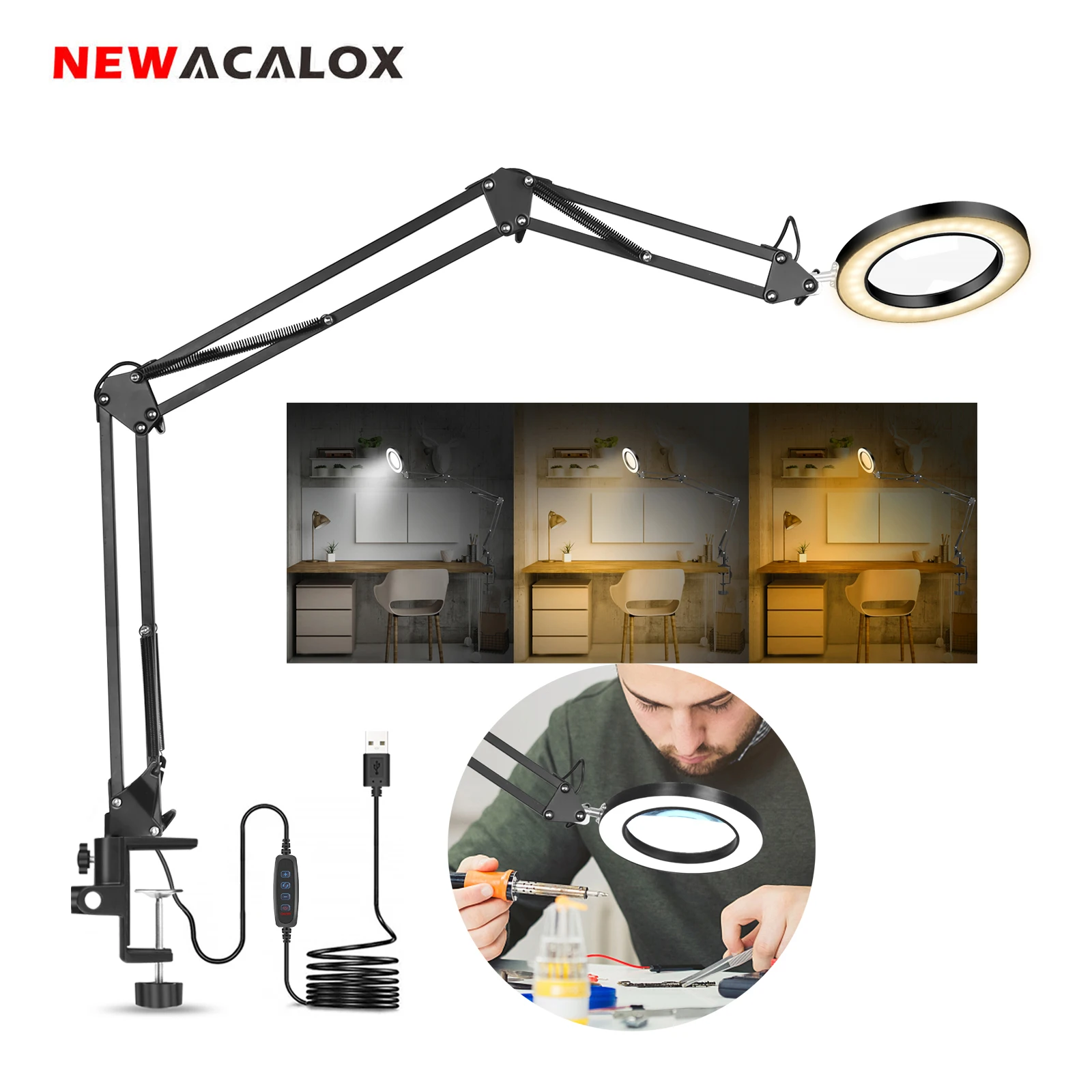 Newacalox Mesa Flexível Grande 5x Usb Led Lupa Cores Iluminado Lupa Lâmpada Leitura Retrabalho Solda