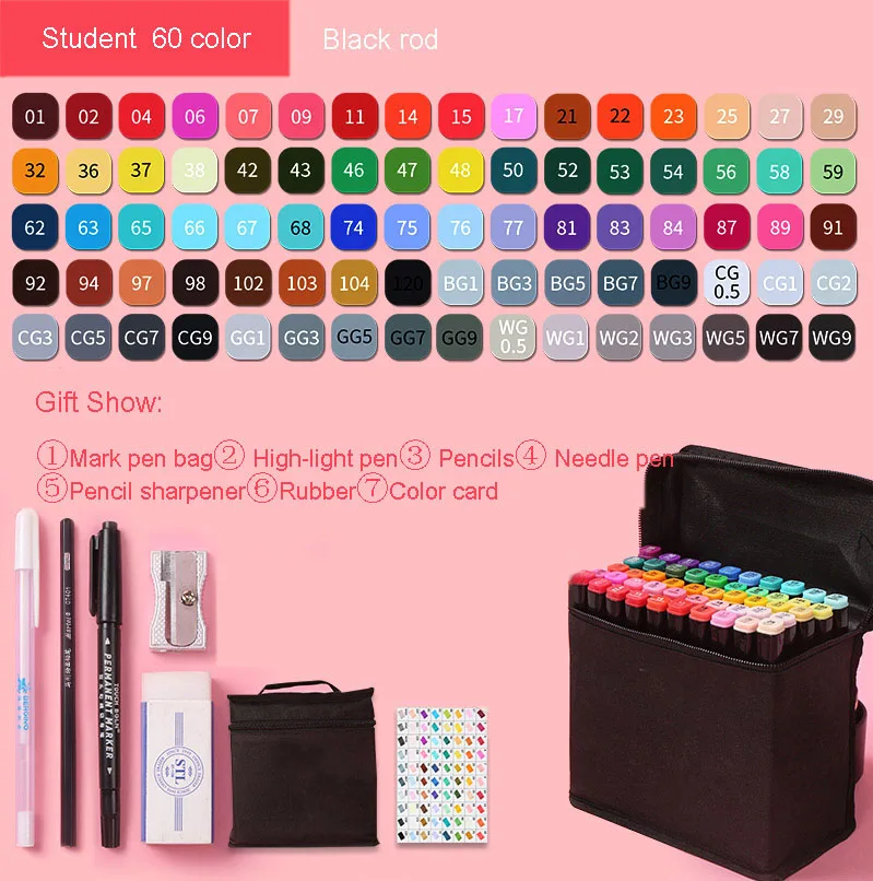 Markers brush Pen Set authentic student double-headed beginner 30/40/60/80 colors oil alcohol painting marker art supplies - Цвет: Student 60 black rod