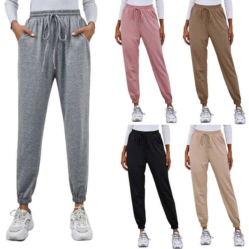 

2021 New Women Solid Color Spring Autumn Sweatpants Elastic High Waist Tie-up Trousers with Pockets S/ M/ L/ XL