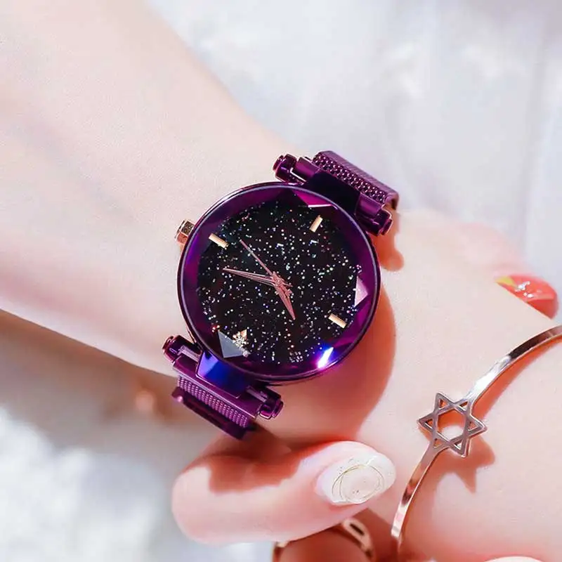 C Purple Женские часы звездного неба, роскошные часы с магнитной пряжкой и сетчатым ремешком, кварцевые наручные часы, женские часы из розового золота с бриллиантами, часы zegarek damsk - Цвет: C Purple