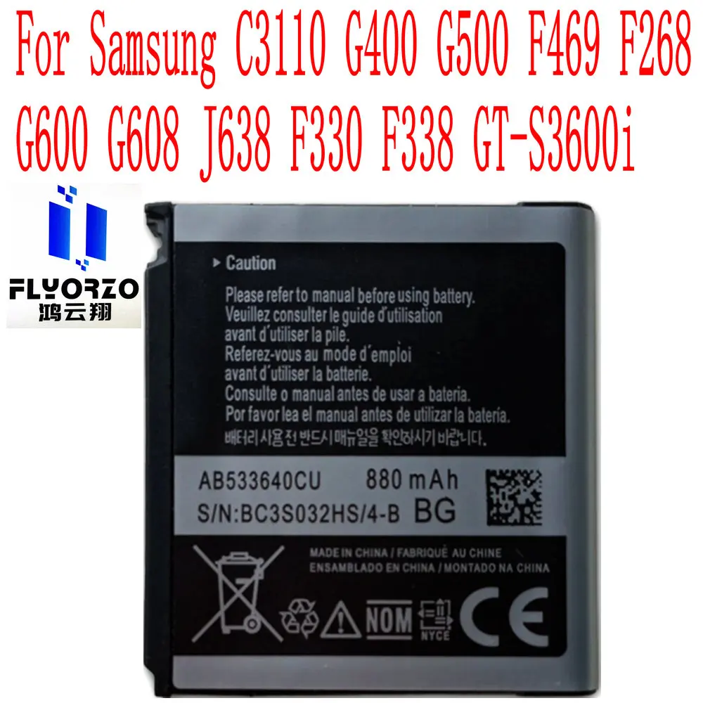 

High Quality 880mAh AB533640CU Battery For Samsung C3110 G400 G500 F469 F268 G600 G608 J638 F330 F338 GT-S3600i Mobile Phone