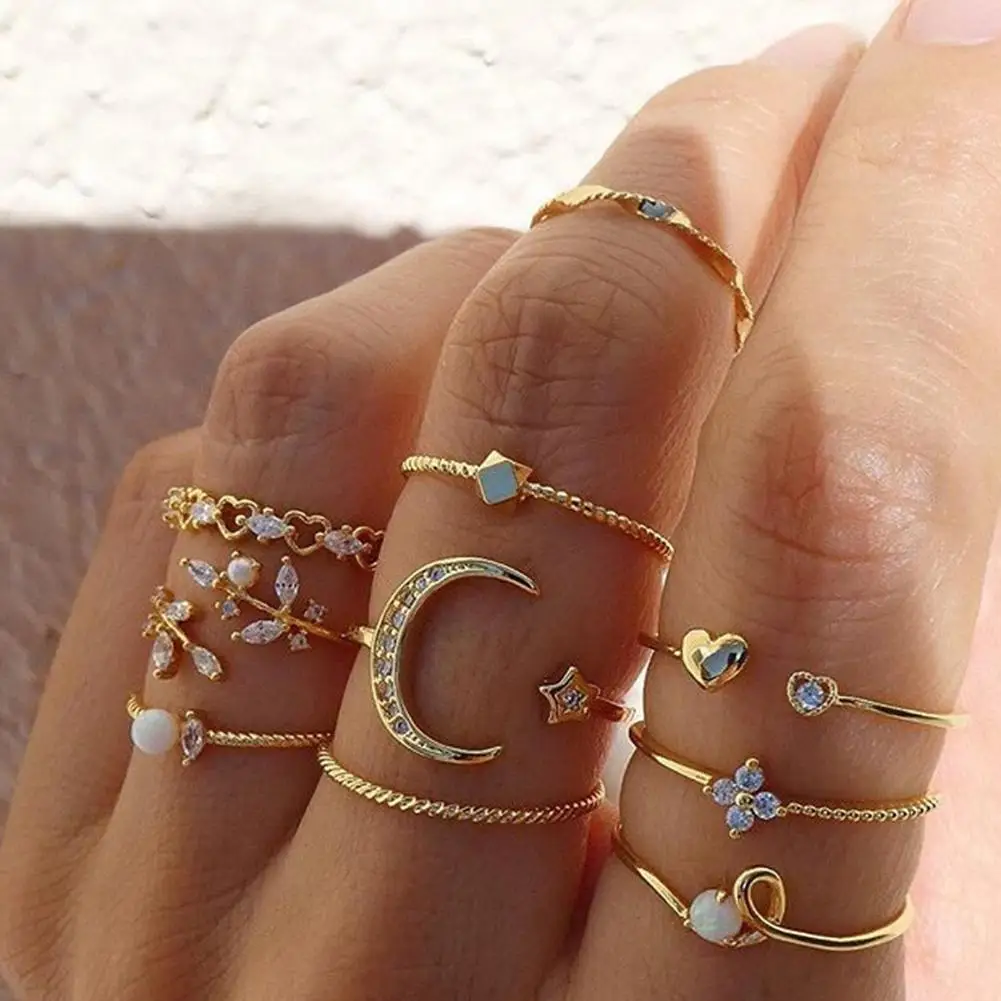

10pcs/set Bohemian Chain Rings Set For Women Fashion Boho Star Moon Rings Party 2021 Trend Jewelry Gift Gold Color