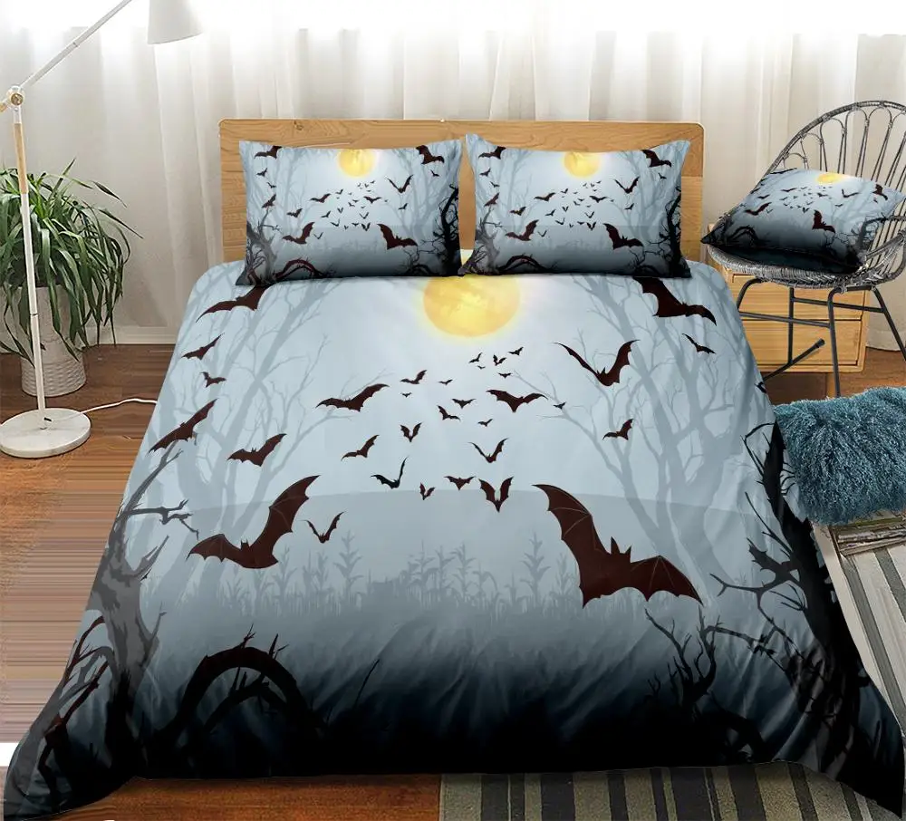 

3pcs Halloween Bedding Set Bats Quilt Cover Forest Duvet Cover Set King Dropship Yellow Moon Home Textiles Kids Boys Bed Set