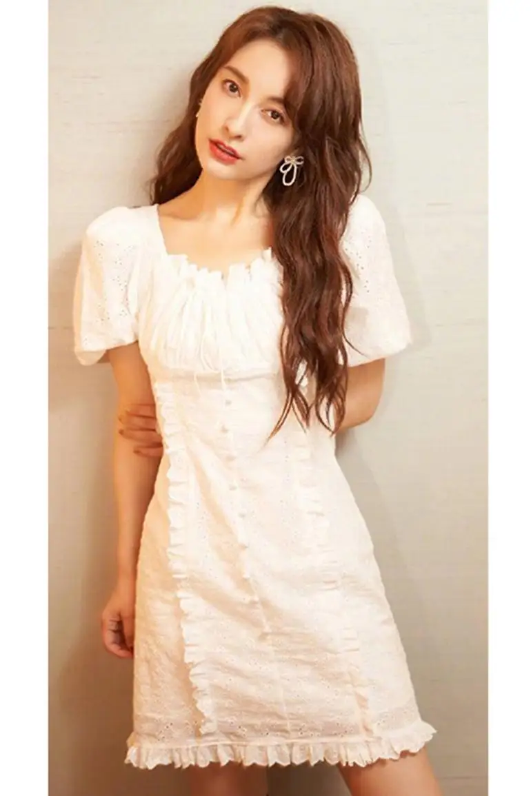 

COIGARSAM French Style Women dress New Summer Vintage Square Collar High Waist Dresses White 8483