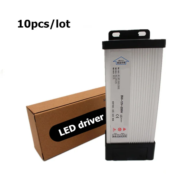 DHL 10pcs/lot DC 12V 200W LED Outdoor Rainproof Power Supply LED Driver Lighting Transformers IP33 2 years warranty LED driver