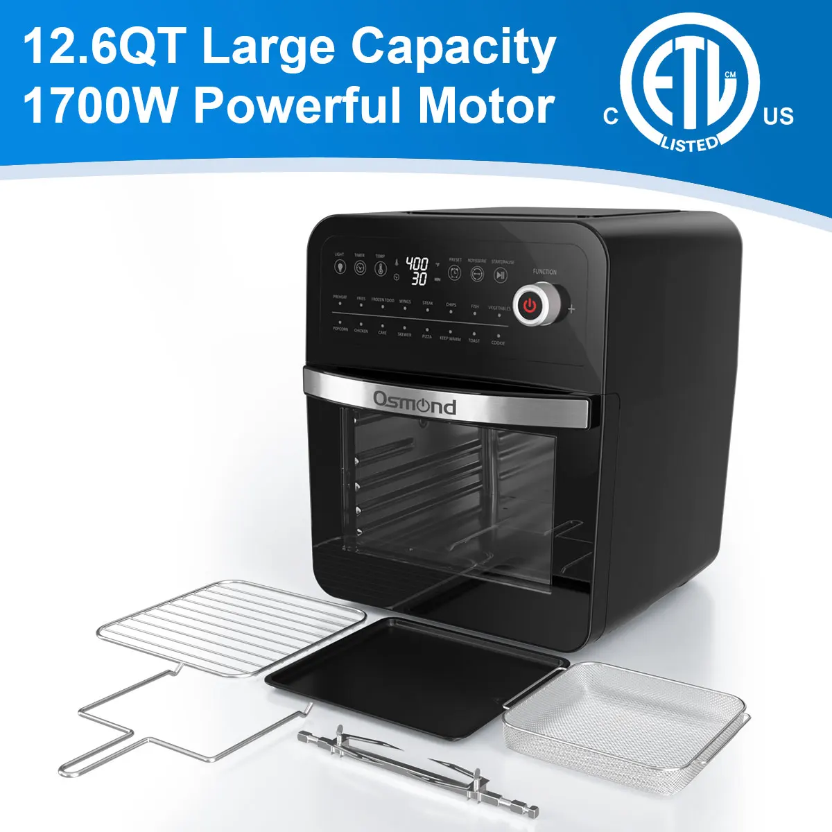 

OSMOND 16 In 1 Multi-function Air Oven 12L/12.6QT 1700W Electric Air Fryer Oven LED Touch Screen Healthy Cooking Air Fryer