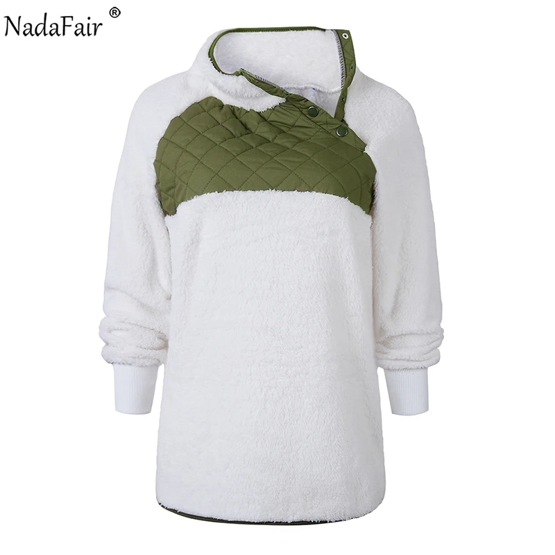 Nadafair флисовая толстовка с капюшоном, Женская Осенняя водолазка из искусственного меха в стиле пэчворк, Повседневная Толстовка размера плюс, женские зимние пуловеры