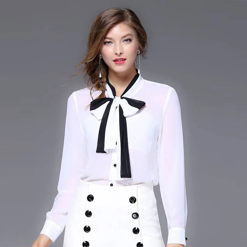

women tops and blouses white chifffon bowtie high quality 2020 summer office shirts long sleeve casual sexy plus size free ship