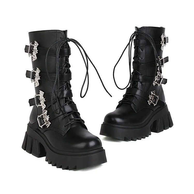 

Sexy Woemn Round Toe Thick Heels Lace-up Ankle Boots Platform PU Leather Belt Buckle Metal Decoration Knight Bootas Comfortable